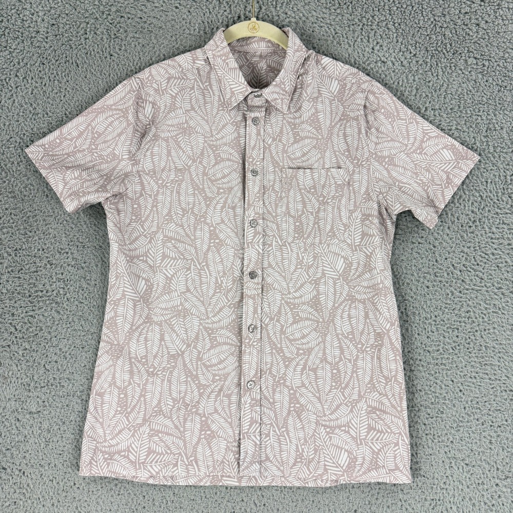 Vuori Bridge Button Down Shirt Mens S Mauve Leaf Print Short Sleeve V184 Stretch